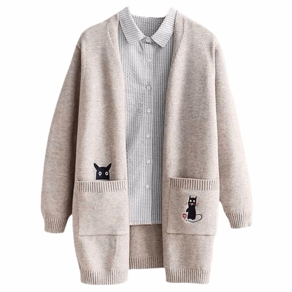 Source Unknown Sweaters - Embroidered Open Cardigan Beige Tan Knit Sweater XL cartoon characters anime